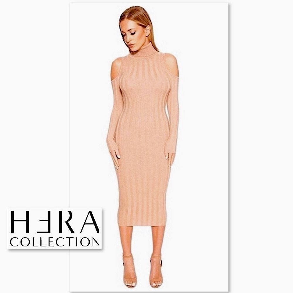 HERA Collection Ribbed Cold Shoulder Midi Knit Dress S Tan Beige Stretch Bodycon - Picture 4 of 10